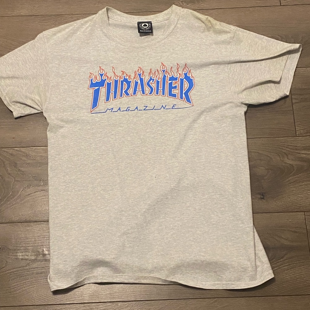 Thrasher Gray Tee with Blue and Orange Flame Logo